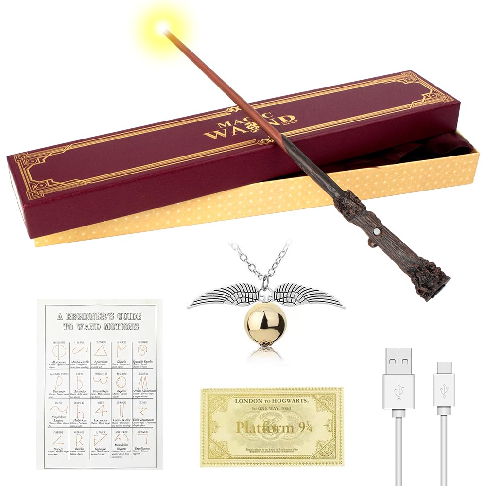 WDKXCN Harry Potter Wand, 35CM Harry-Potter Wands Glow, USB Charging Harry Light Up wand, Magic H-arry P-otter Wand in Gift Box with Spell Card, Station Ticket and Necklace