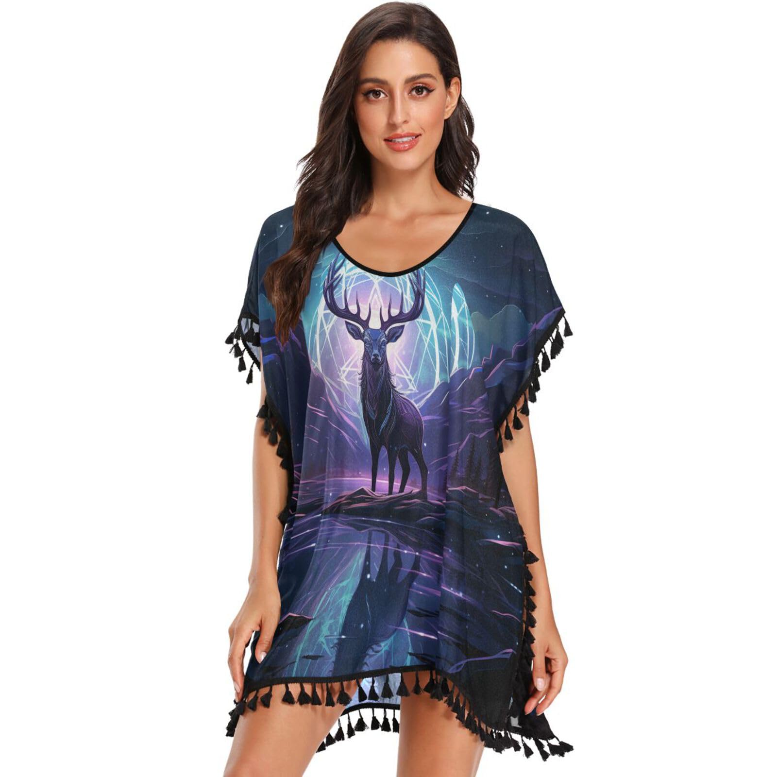 Moonlight Purple Deer Women's Beach Cover Up Chiffon Tassel Swimwear Swimsuit Coverups for Girl