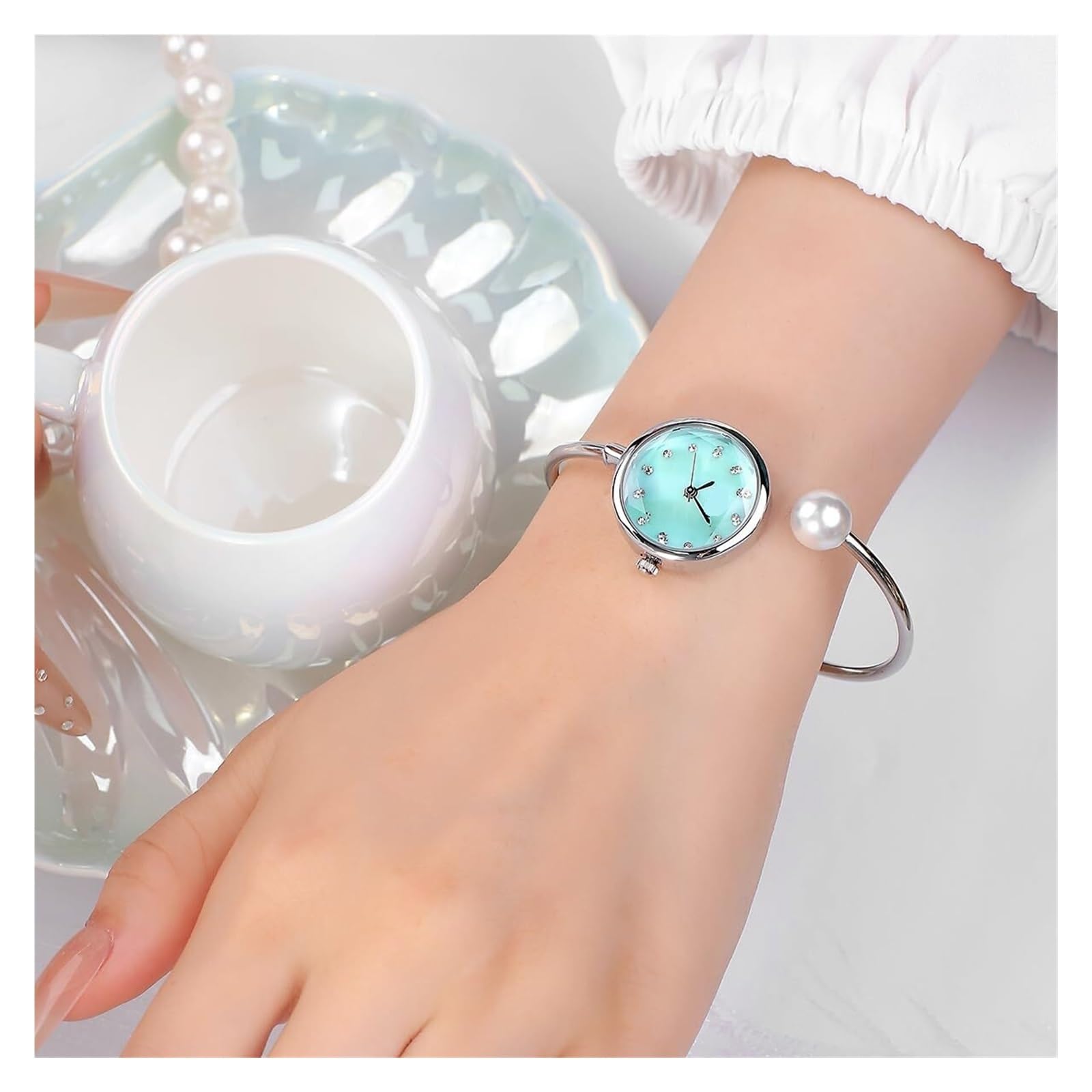 Orologio da polso delicato da donna, elegante braccialetto di perle, orologio da polso al quarzo rotondo impermeabile, regalo for le donne Orologio da polso(Light Green)