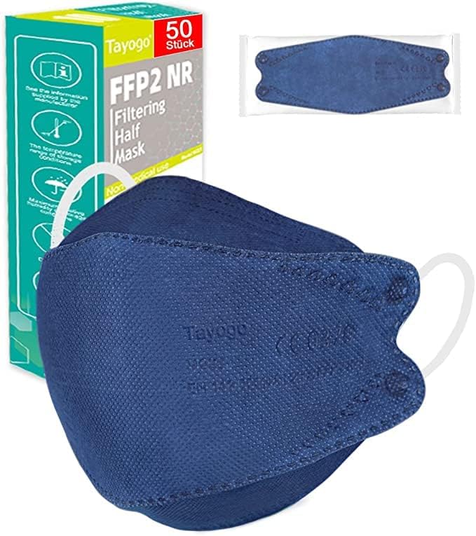 Tayogo 50 Mascarillas FFP2 Respirador Mascarilla CE 5 Capas Alta Filtración Desechable de Proteccion Envase Individual Filtración ≥ 95% elásticos cómodos, hipoalergénicos y regulables (Azul Pez)