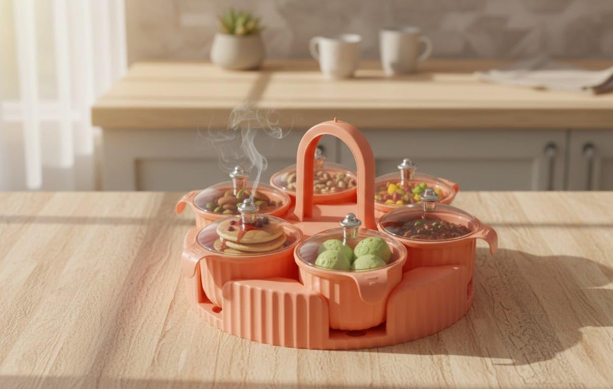 Rotating Snack Organizer with Handle, Coral Pink, Multiple Compartments with Lids, Dry Fruit Storage Tray-image-9