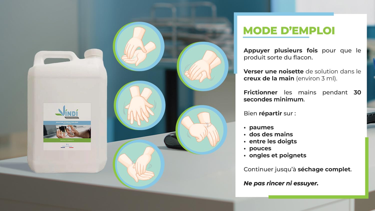 Vindi Désinfectant solution hydroalcoolique - Bidon de 5L - Fabrication Française - 76% d'alcool - Désinfection des mains et des surfaces - Virucide