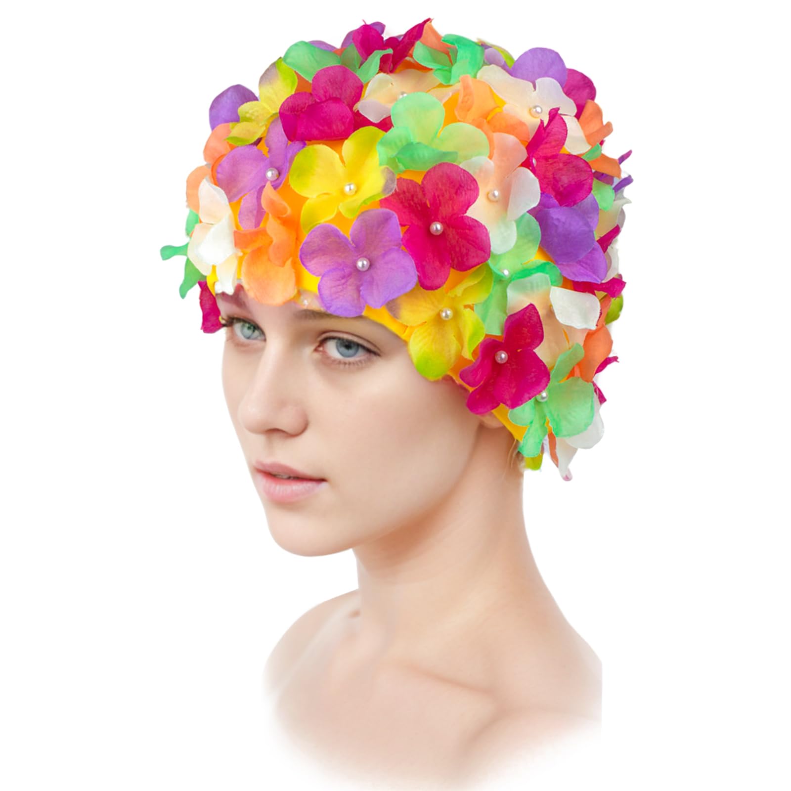 Medifier Bonnet de bain vintage à pétales de fleurs pour femmes et filles – Turban de natation élastique rétro avec fleurs, accents de strass, bleu Medifier Bonnet de bain vintage à pétales de fleurs pour femmes et filles – Turban de natation élastique rétro avec fleurs, accents de strass, bleu