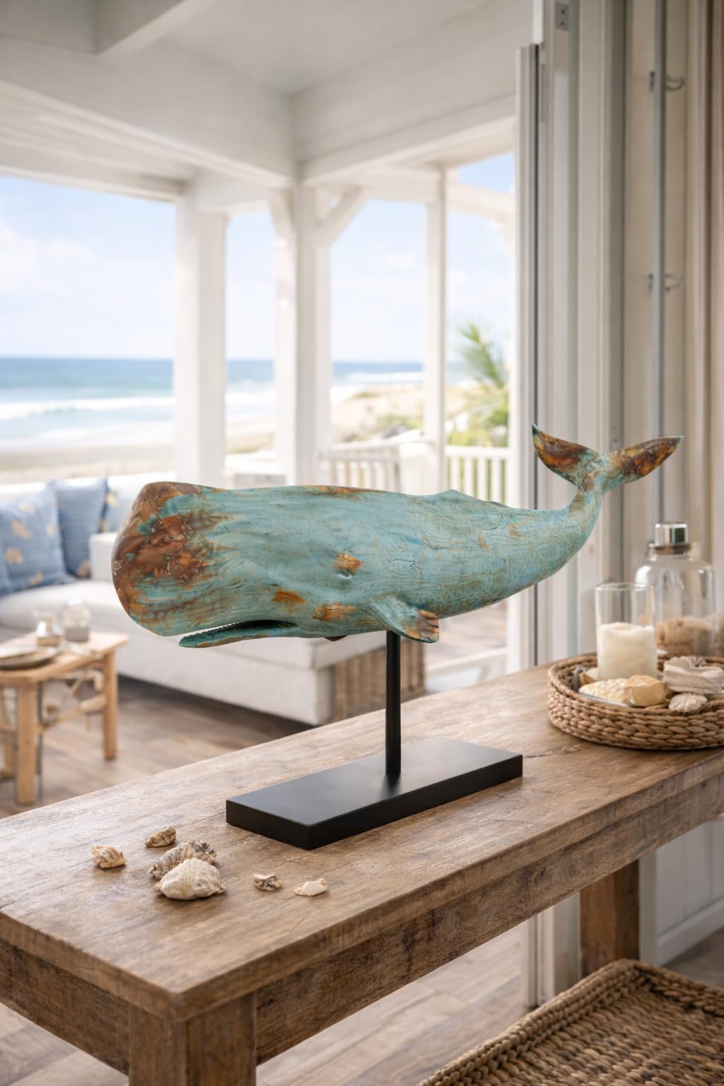 Wal Walfisch Fisch Dekofigur Statue Skulptur Standfuß Polyresin Modern - Maritime Deko für Wohnung in Holz-Optik - Dekoration für Wohnzimmer, Schlafzimmer oder Badezimmer - XXL 77x17,5x38,5 cm