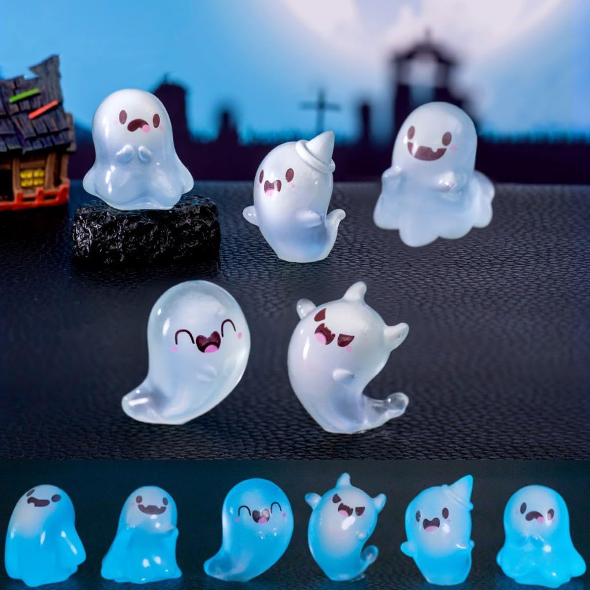 12 Pcs Luminous Mini Ghost Figures, Halloween Mini Resin Ghost Figures, Cute Miniature Ghosts Statue, Tiny Ghosts To Hide with 6 Unique Design, For Halloween Party Decoration, Home Decor