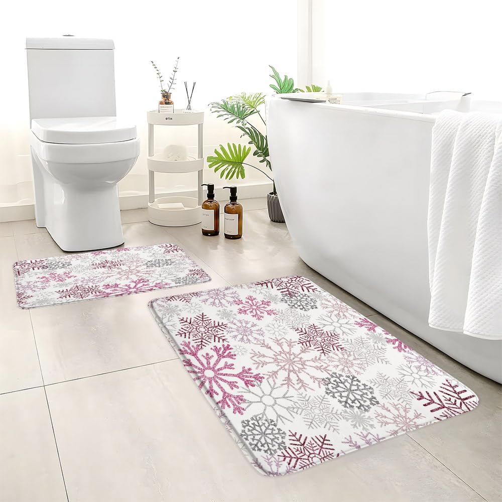 2Pcs Purple Snowflake Bath Mat Winter White Gray Snow Scene Merry Christmas Snowflakes Xmas New Year Holiday Bathroom Rug Bedroom Kitchen Toilet Floors 50X80+40X120 Inch