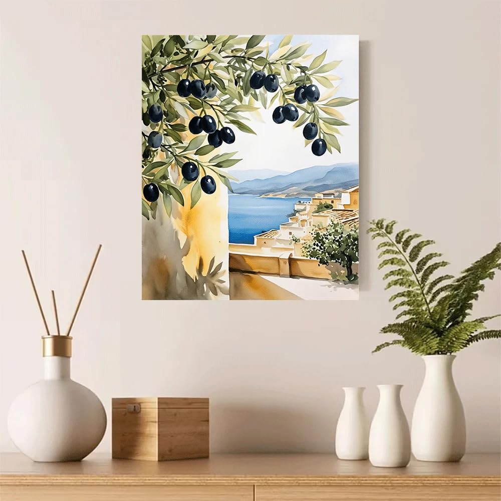GKUVBF Tableau sur toile représentant une branche d'olivier en été, un village côtier avec vue sur la mer, décoration pour salon ou maison (60 x 80 cm/cadre intérieur)