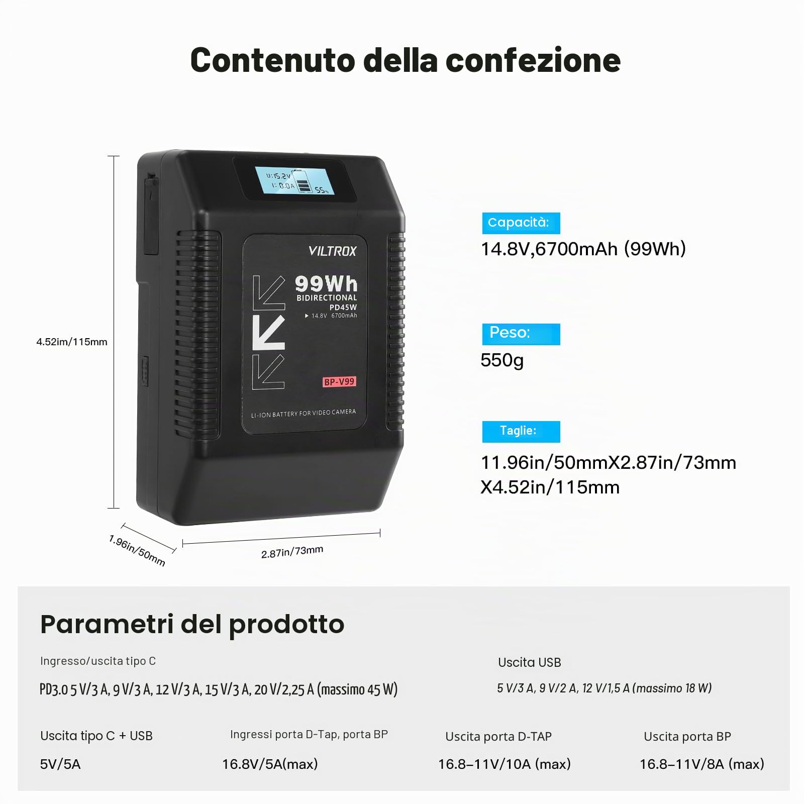 VILTROX BP-V99 V Lock Battery 6700mAh,V Mount Battery con Display LCD,Doppio D-Tap e Uscita USB 99Wh/14,8V,Nero Mini V-Mount per Fotocamere,Videocamere,luci LED,Monitor,MacBook e Smartphone
