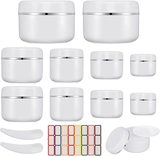 10 Pcs Cosmetic Sample Jars, 10ml/20ml/30ml/50ml/100ml Empty Refillable Cosmetic Container Pots Travel Jars with Lids, Spatulas Tool and Labels for Makeup Creams Lotion Glitter Nail Powder