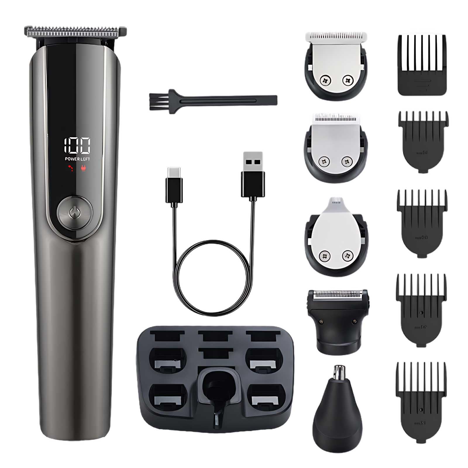 Cortapelos 5 en 1 para hombres, kit de aseo eléctrico con pantalla LCD con múltiples accesorios, carga tipo C, tres modos de velocidad, cuchillas de acero, tiempo de funcionamiento de 120 minutos