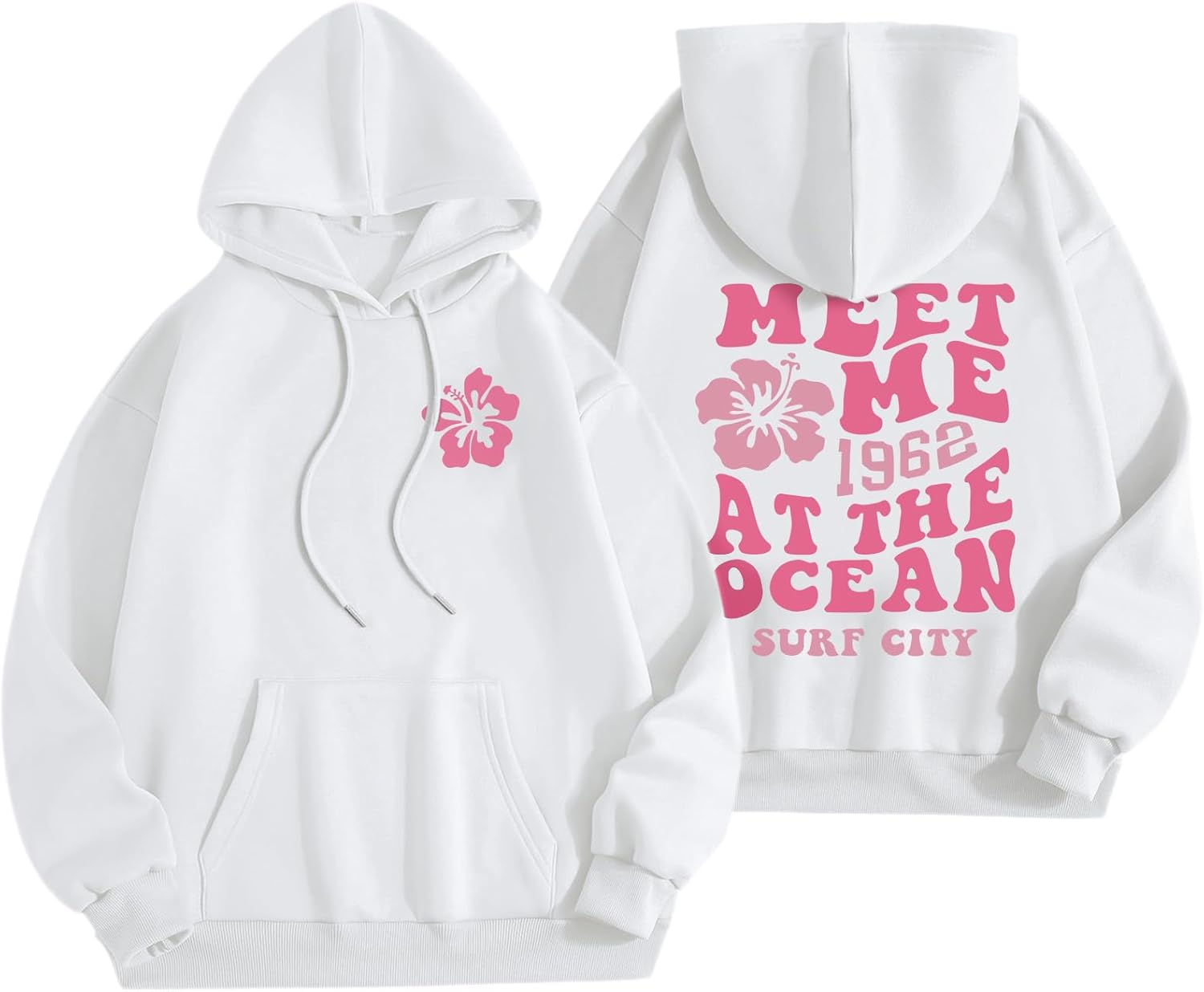 Cute Pink Flower Hoodie for Woman Preppy Sweatshirts Trendy Puff Print Letter Graphic Hoodies Casual Pullover Tops