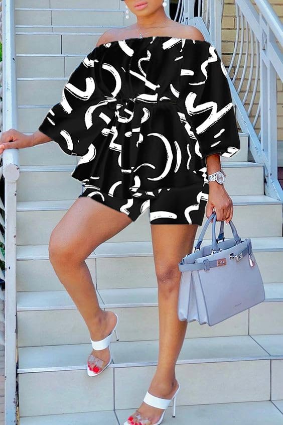 2 Piece Outfits for Women Sexy Off Shoulder Long Sleeve Plus Size Tops High Waisted Bodycon Shorts Set - Image 3