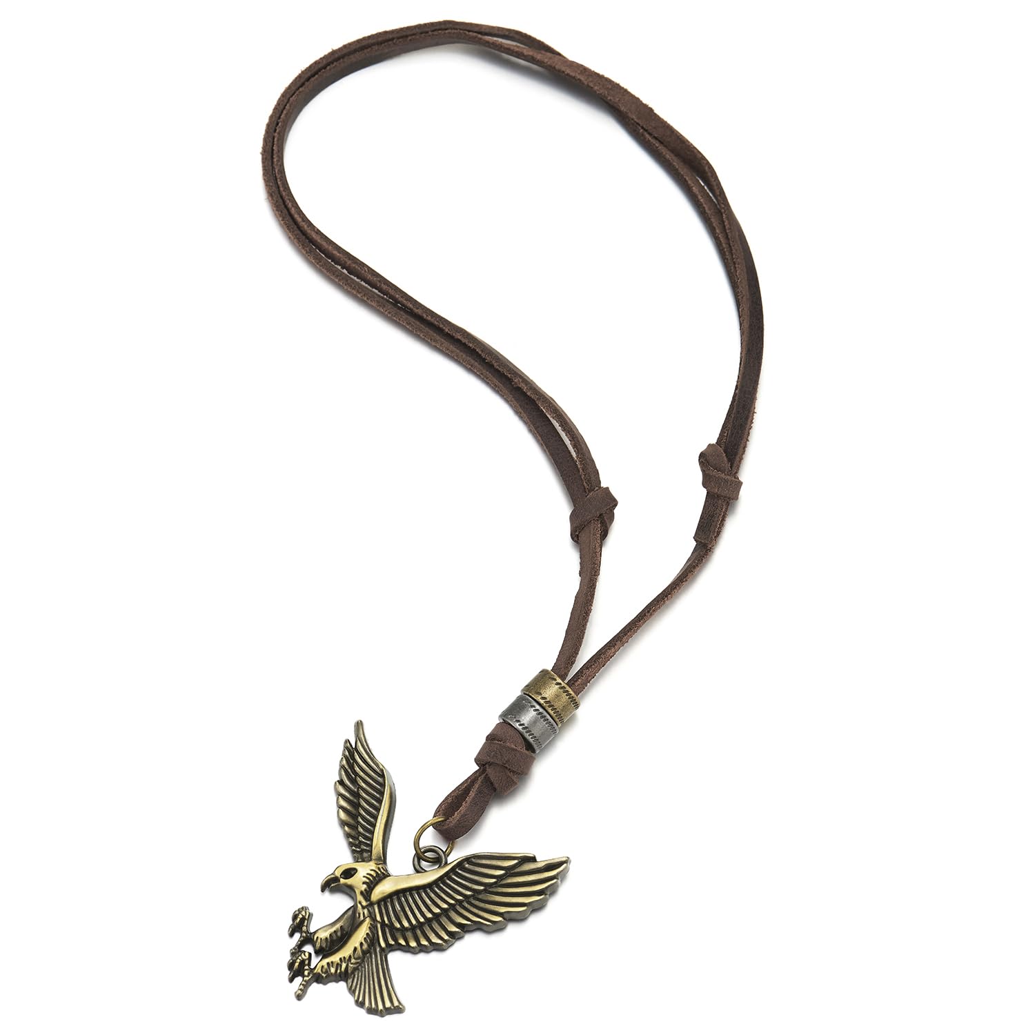 COOLSTEELANDBEYOND Vintage Bronce águila Volando Colgante Collar con Cordón de Marrón Cuero Ajustable, Hombre