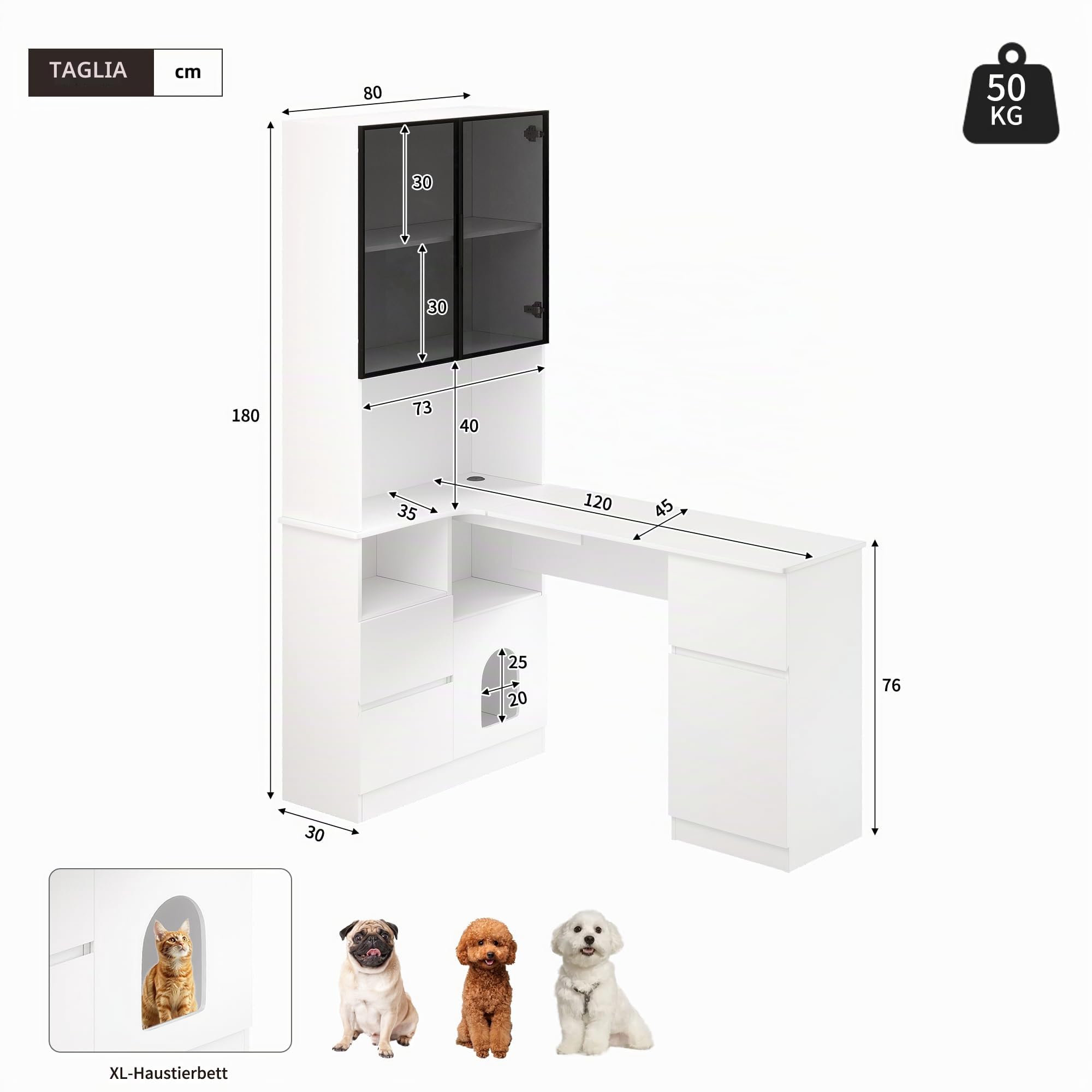 Scrivania angolare con ripiano e vetrina a LED, scrivania con passacavi, 3 cassetti, 2 ante, scomparti aperti, una scrivania angolare con libreria integrata, 120 x 80 x 180 cm