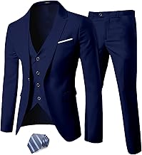 MY'S Men's 3 Piece Suit Set with Tie, One Button Slim Fit Solid Jacket Vest Pants, Prom Party Wedding Business Suits for Men