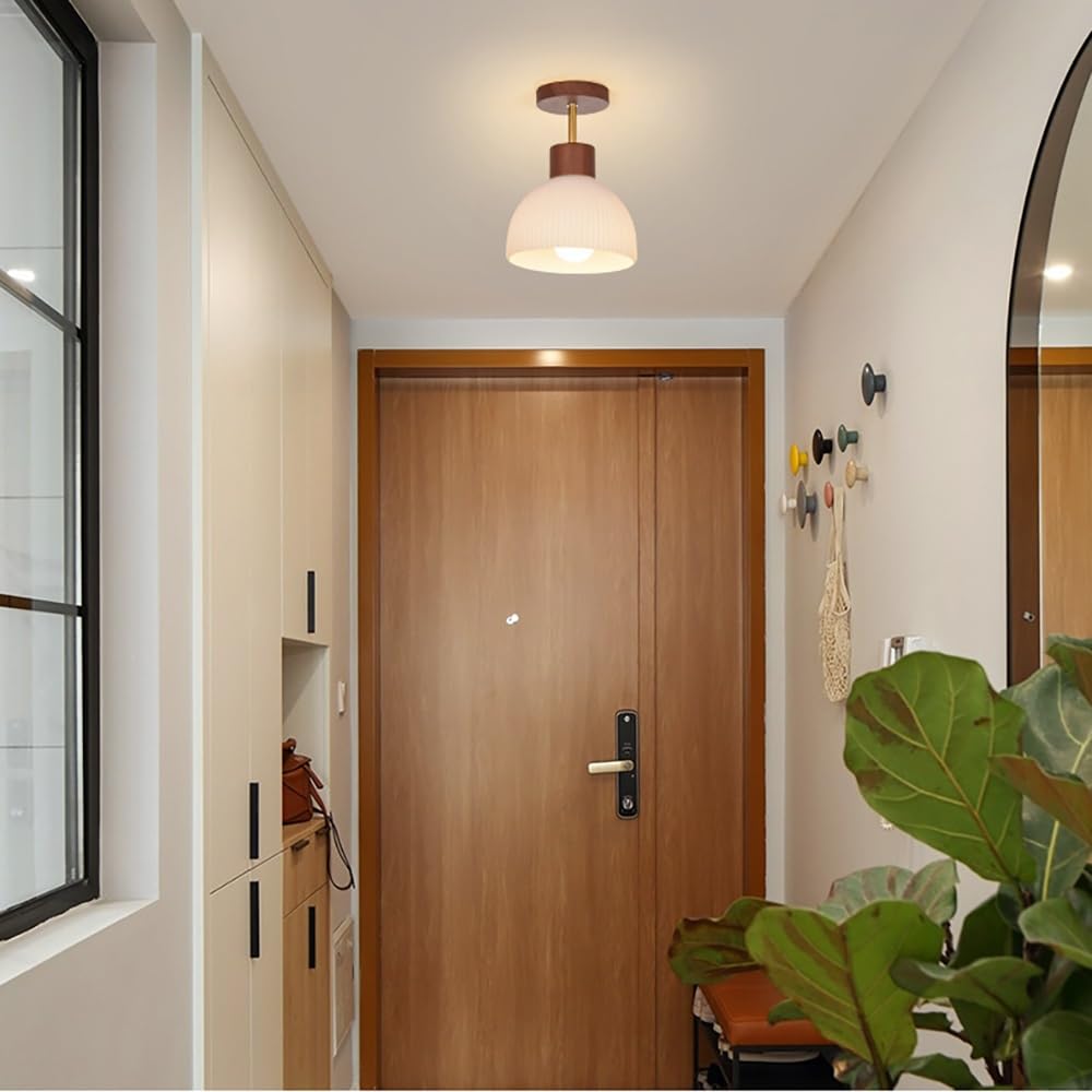 Nordycka Lampy Sufitowa ze Szkła Ryflowanego, Plafon Półkulisty z Drewnem Mid Century Oświetlenie Sufitowe do Przedpokoju(Walnut)