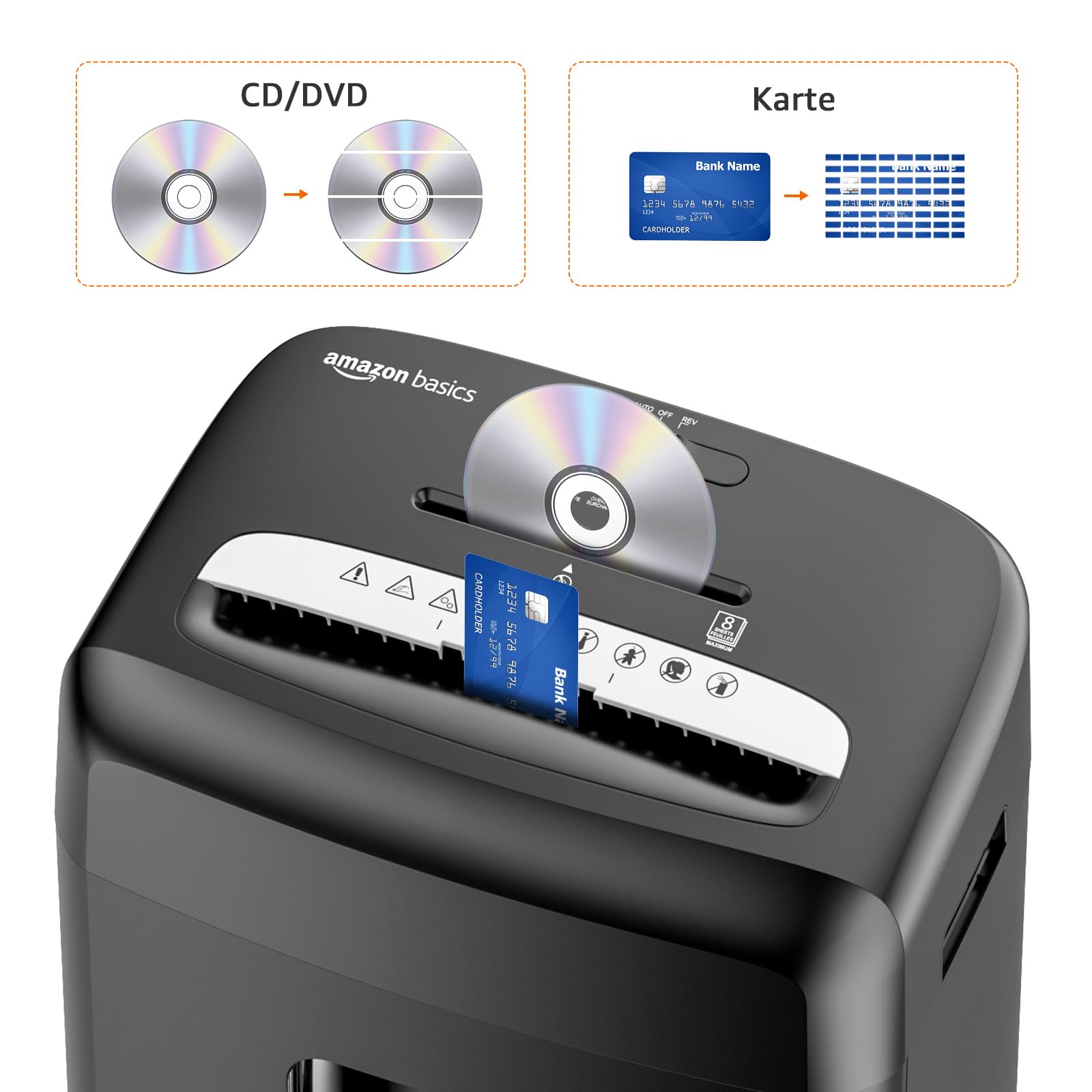 Amazon Basics Aktenvernichter mit Mikropartikelschnitt, 8 Blatt, mit Transparentem Sichtfenster, für Dokumente, CDs und Kreditkarten, 15l Auffangbehälter, Schwarz