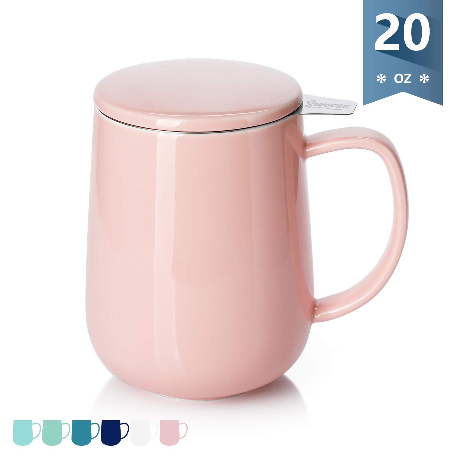 Sweese20 OZ Porcelain Tea Mug with Infuser and Lid, Loose Leaf Tea Cup, Gifts for Tea Lover - Pink
