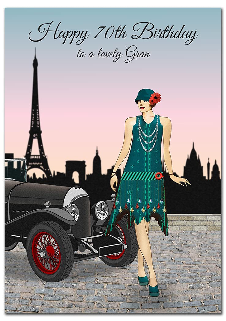 Extra Large Gran 70th Birthday Card - XL Big thick A4 size - Special Age Year Greeting Her Women Female - Beautiful Art Paris Sunrise Car Flapper - Nice Huge Happy Wishes UK Eco-Friendly