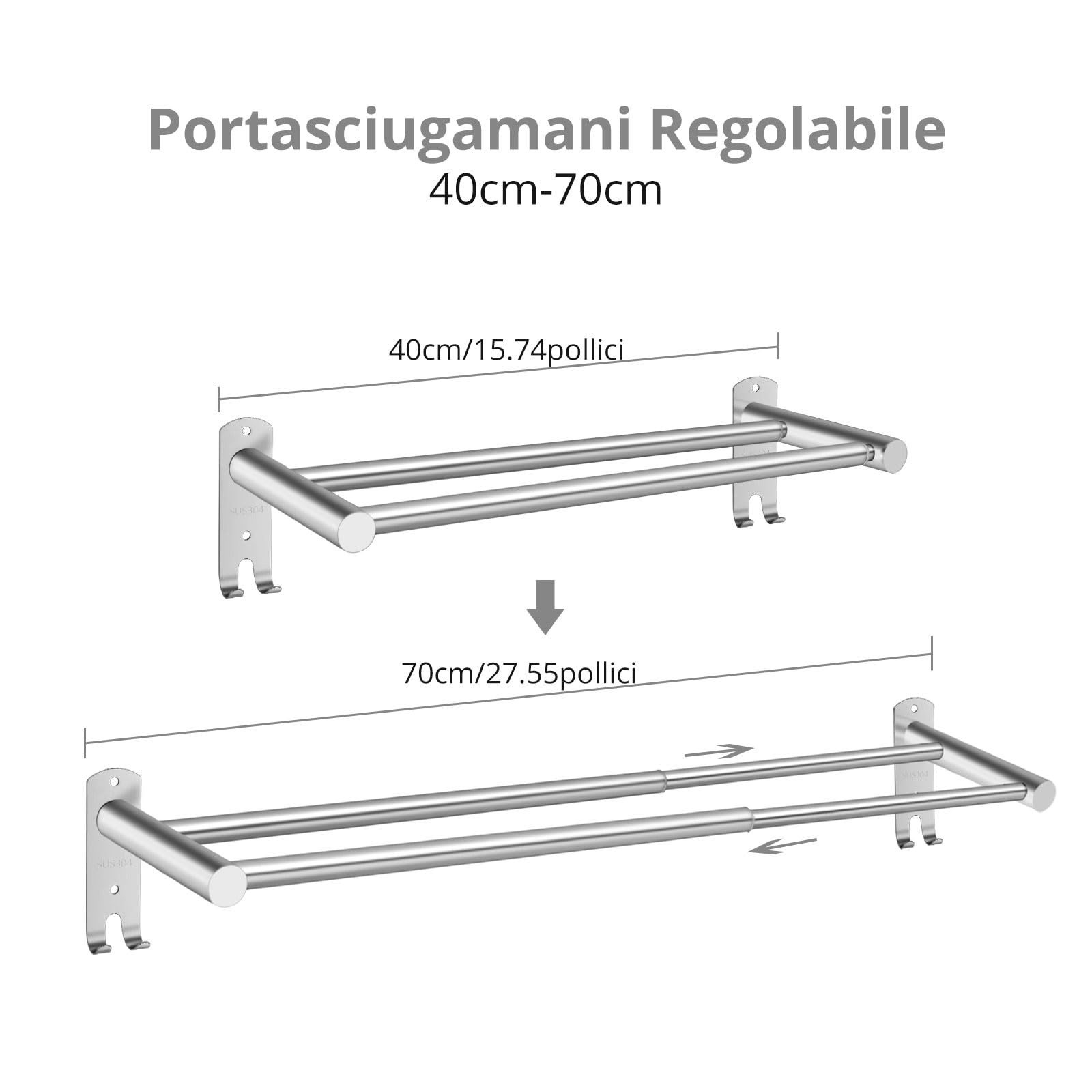 Porta Asciugamani Da Parete Acciaio Inox SUS304 | Doppio Strato 40CM | Montaggio A Vite Per Bagno