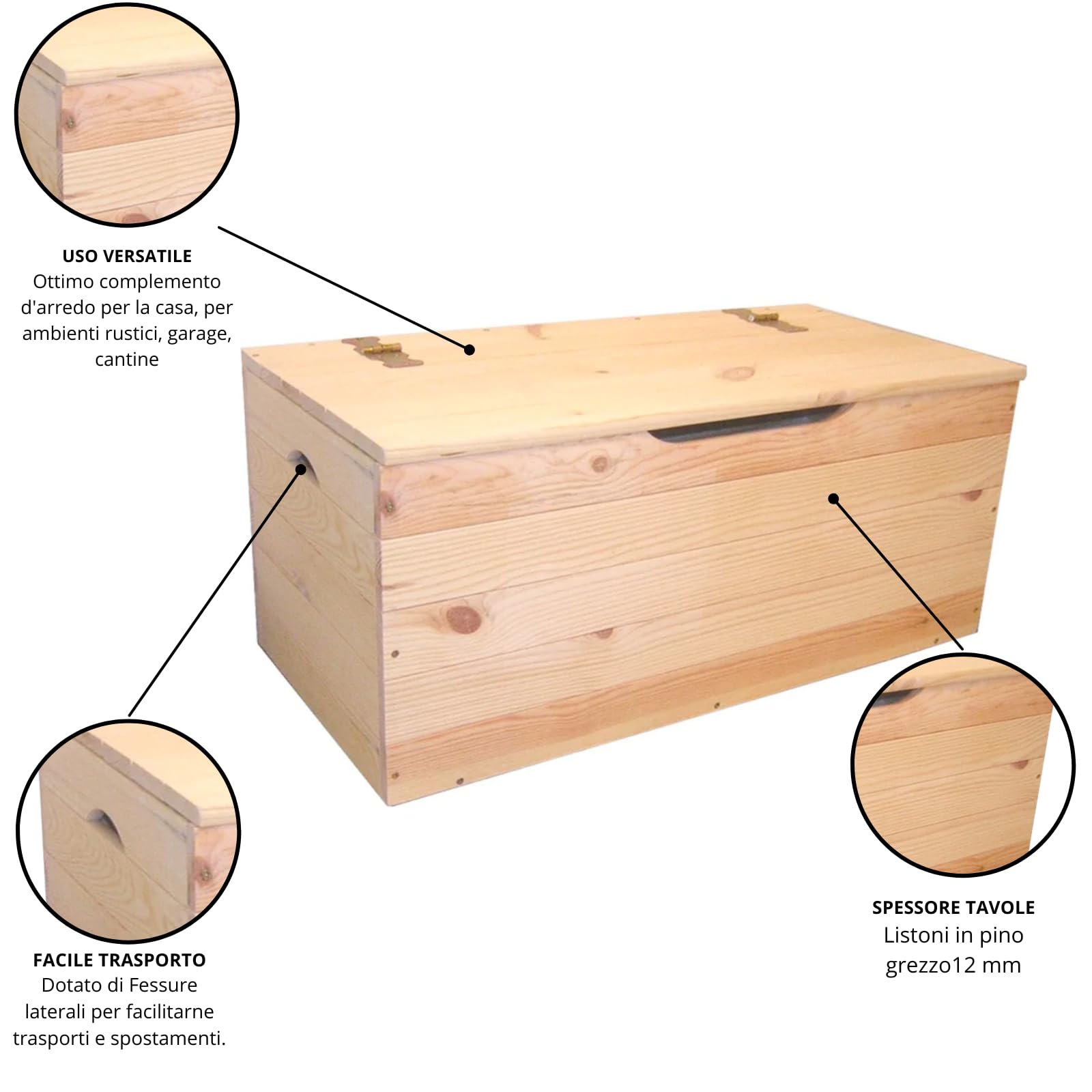 Contenitore Baule in Legno Pino Essiccato Grezzo Cassapanca Salvaspazio con Fessure Laterali Trasporto Ideale per Interno o Esterno (100x40x40)
