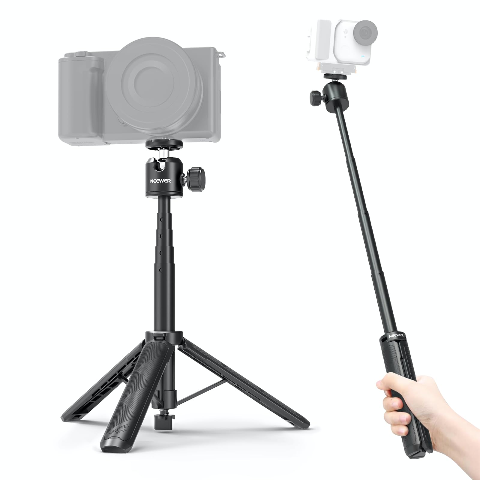 NEEWER BASICS Extendable Selfie Stick Tripod, Metal Portable Stand Handle Grip Compatible with Canon G7X Mark III Sony ZV-1 RX100 VII A6400 A6600 Nikon Camera Webcam for Vlogging, DT001