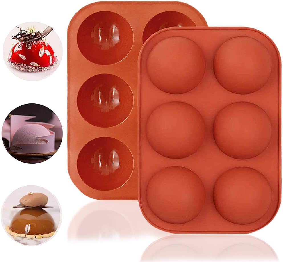 2PCS Semi Sphere Silicone Mold, BREEZO 6-Cavity Baking Mold for Making Hot Chocolate Bombs, Cocoa Bombs, Cake, Jelly, Dome Mousse,Soap, Non Stick, BPA Free Round Shape Half Sphere Molds (Brick red)