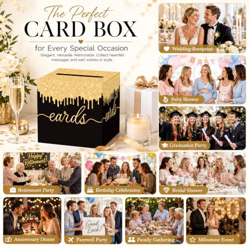 Image of Black and Gold Wedding Card Box with Slot for Reception and Bridal Shower
