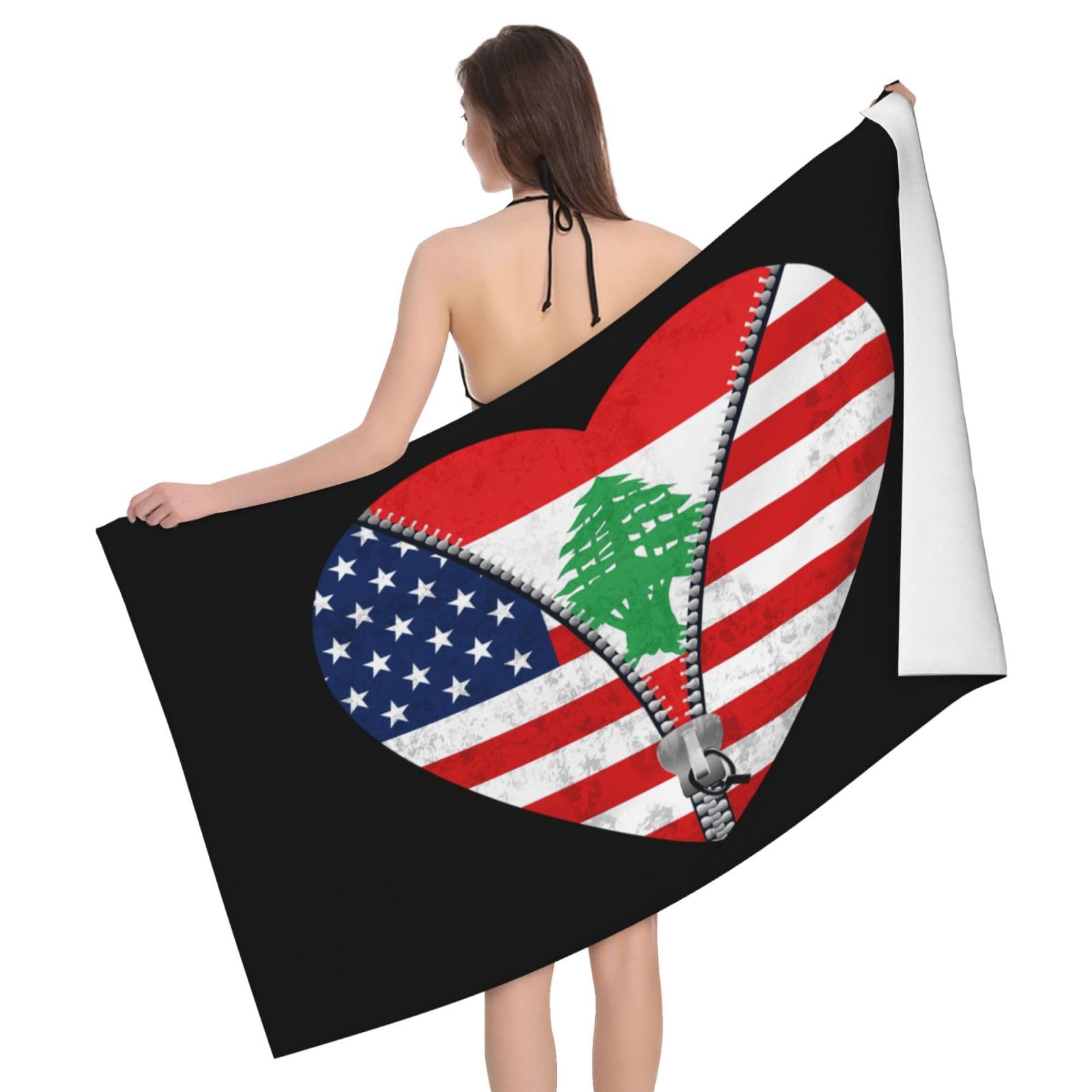 HLBSDM Microfiber Heart America Flag and Lebanese Flag Beach Towel Quick Dry Soft Sand Free Beach Towels for Pool Swim Beach Lightweight Thin Towels