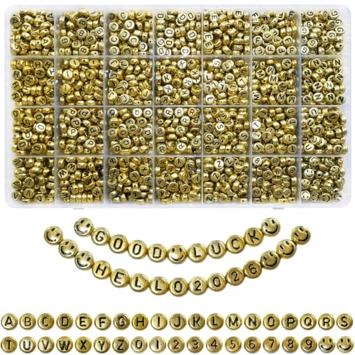 Image of Amaney 1400pcs 4x7mm Gold Letter Beads Round Acrylic Alphabet A-Z Smile and Number for Jewelry Making