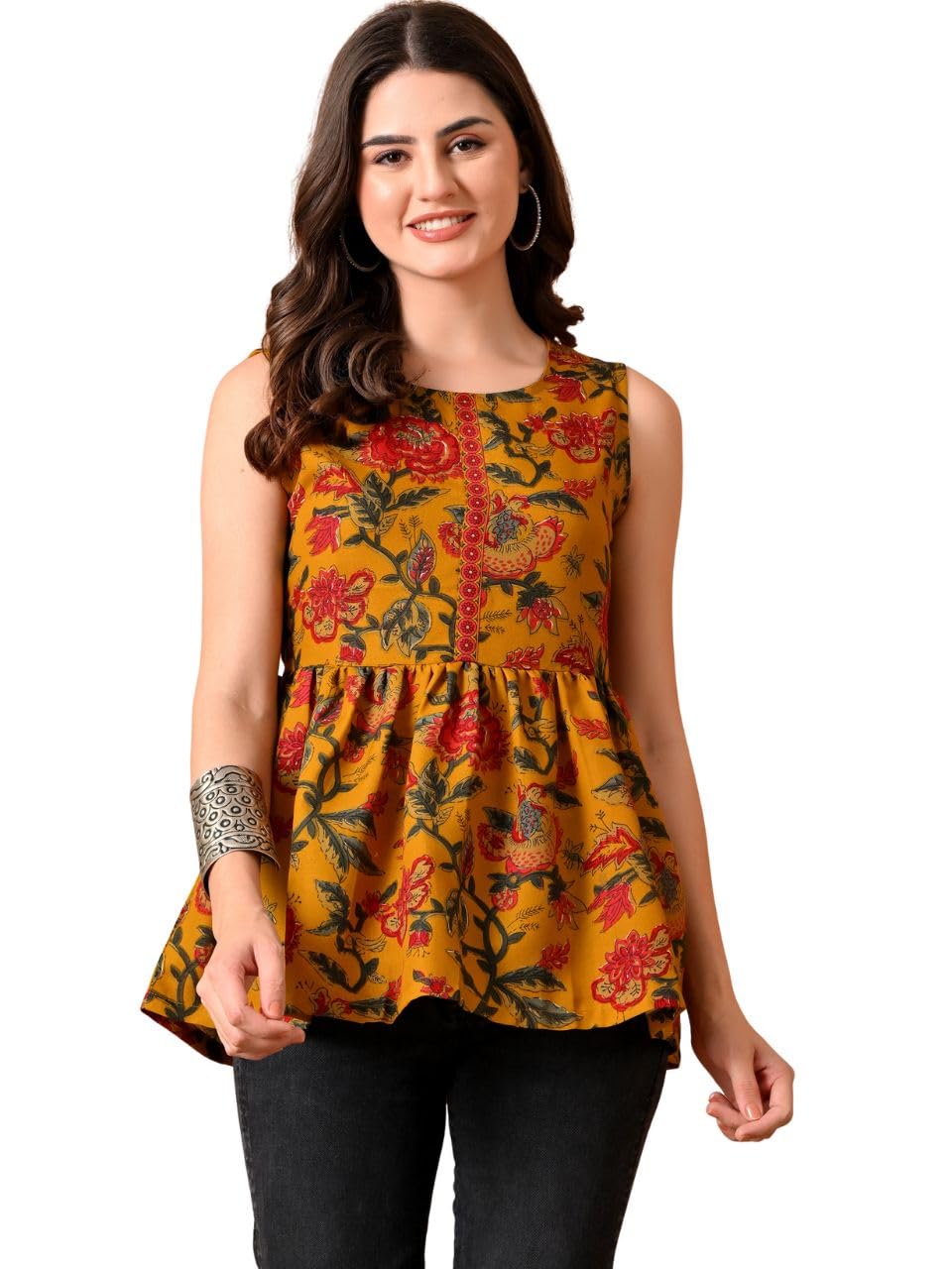 Women Floral Printed Kurta | Anarkali Style Short Kurti Salwar | Everyday Trendy Ethnic Wear-image-23