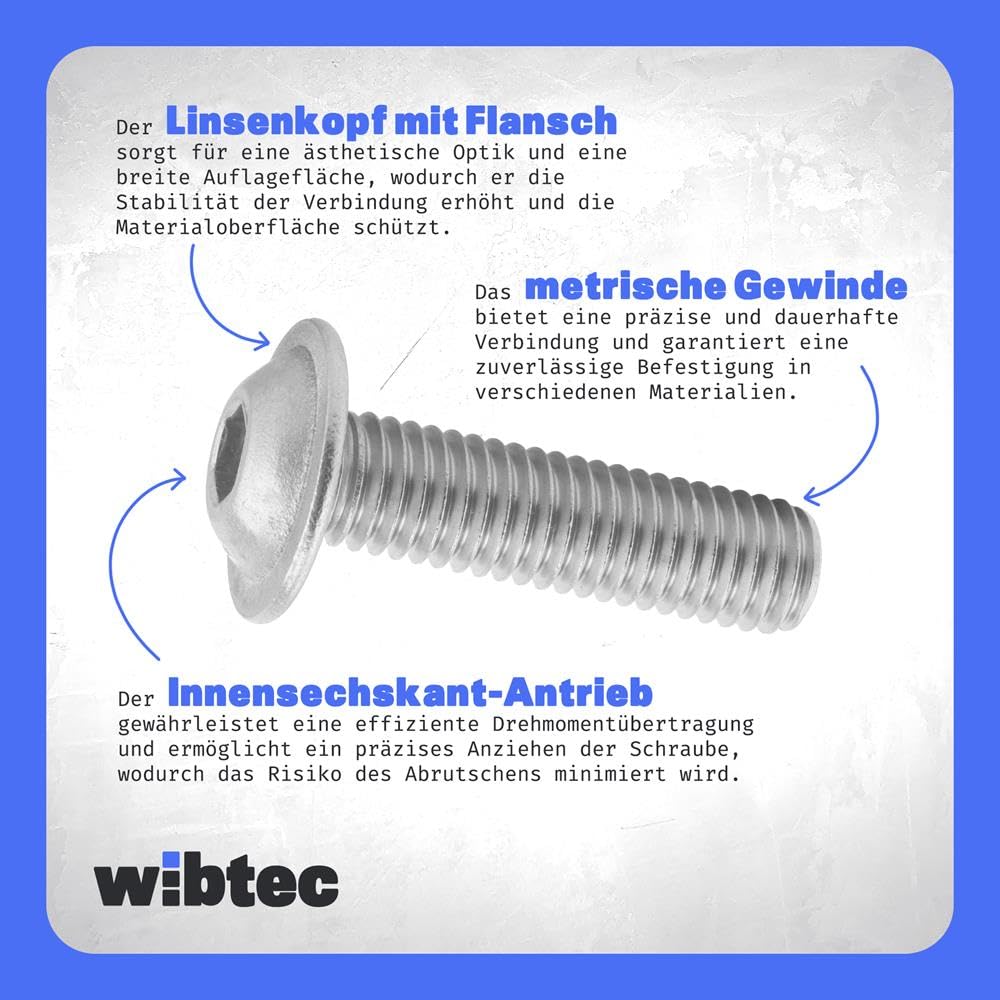 100 Stück Linsenkopfschrauben mit Flansch M8x40 Edelstahl A2 ISO 7380-2 Vollgewinde Innensechskant Flanschschrauben WIBTEC®