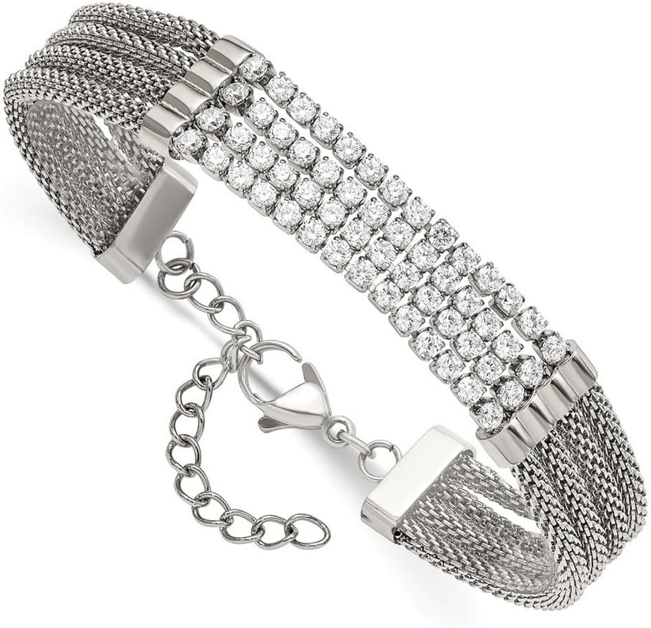 JewelryWeb Stainless Steel Polished With CZ Mesh Multi Strand Bracelet With 1.5 Inch Extension 6mm Wide 6.5 Inch Strand Bracelet for Women