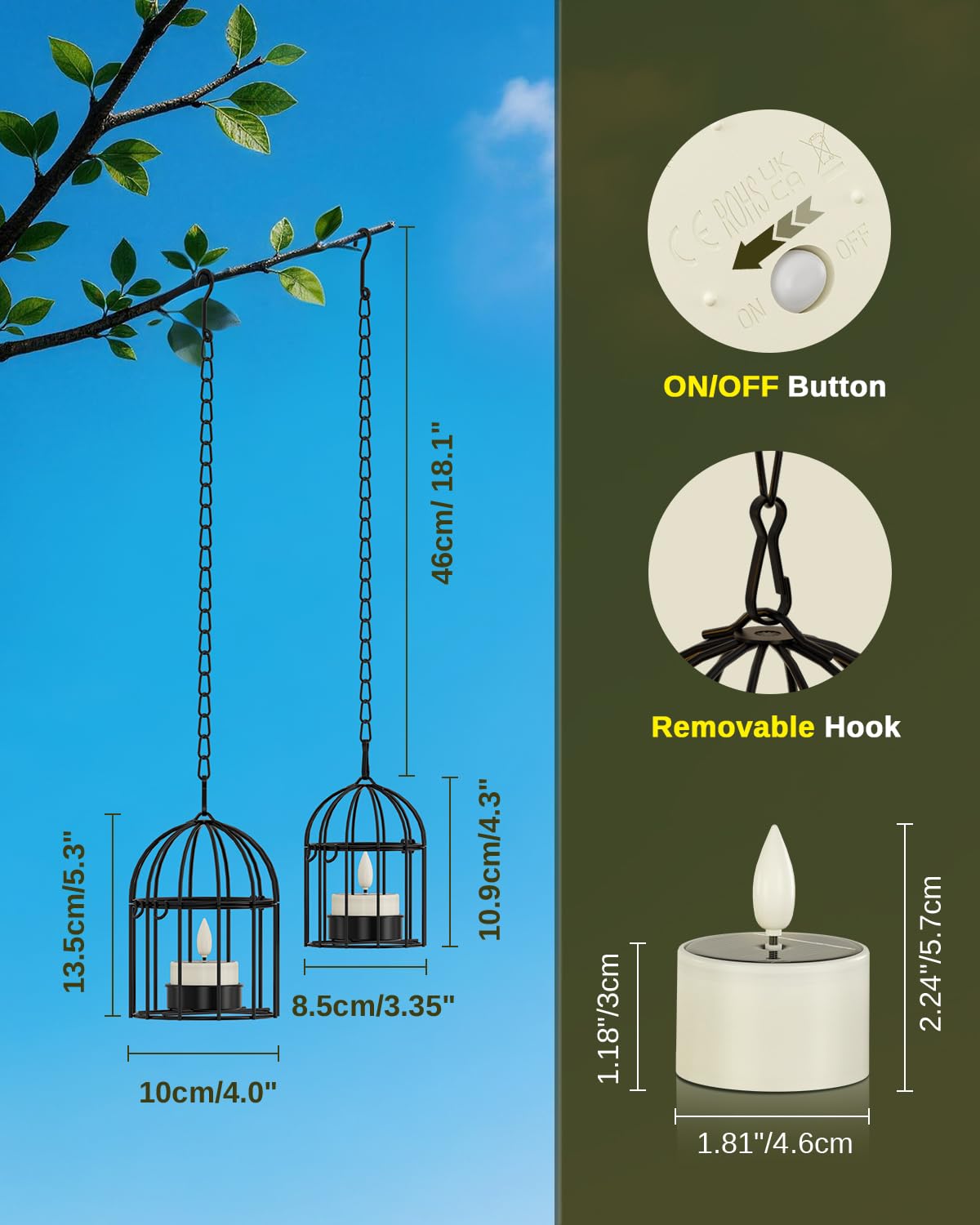 SoulBay Lanternes suspendues avec lumières solaires brillantes - 4 pièces (2 grandes, 2 petites) Bougies solaires étanches pour l'extérieur, lumières de jardin pour arbre, patio, clôture, décoration