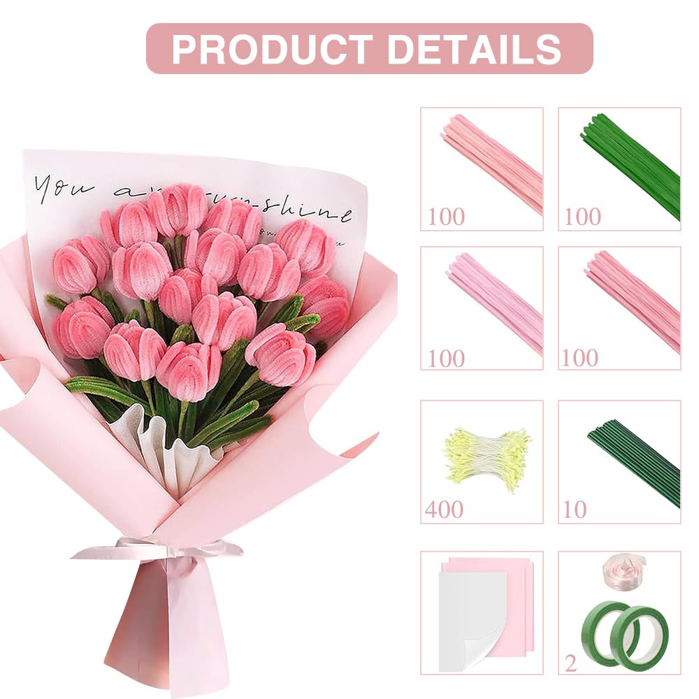 UUEMB Pfeifenreiniger Blumen Set - 400 Stück Bastelset Mit Zubehör In 4 Farben