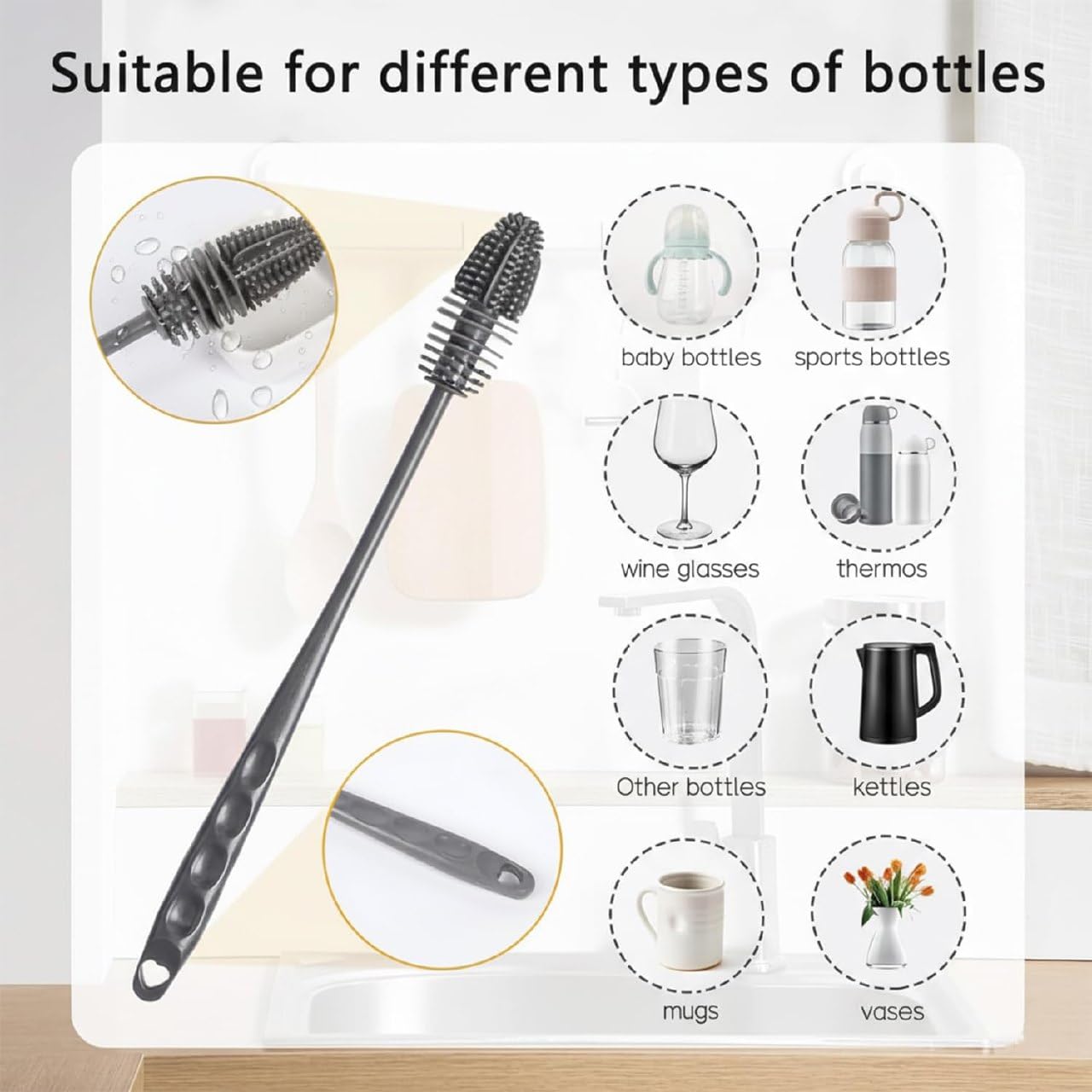 Sarthu Bottle Cleaning Brush Silicone Long Handle, Cup Lid Cleaner Brush.Multifunctional Brushes for Water Bottles, Straws, Windows, Grooves, Keyboards Efficient Cleaning Tools (Multicolor Pack of 2) 4