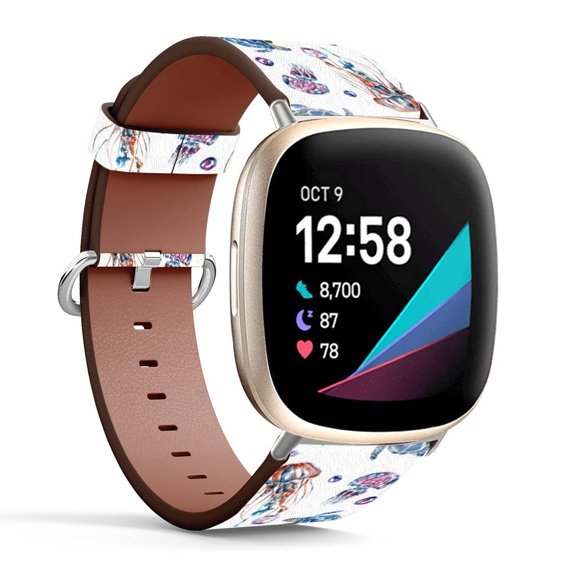 Mingdao Compatible with Fitbit Sense 2 / Sense/Versa 4 / Versa 3 Patterned Leather Replacement Band (Sea Turtle And Jellyfish)