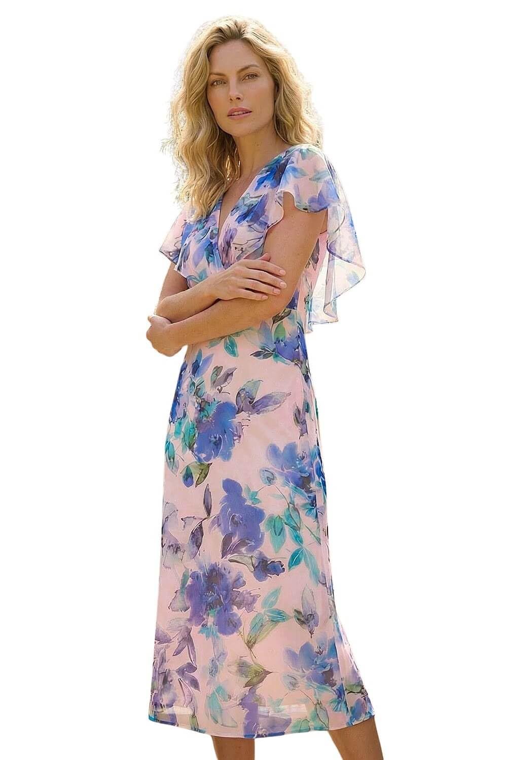 Roman - Women's Midi Dress - Floral Print - Cape Back - Lilac - Size 10