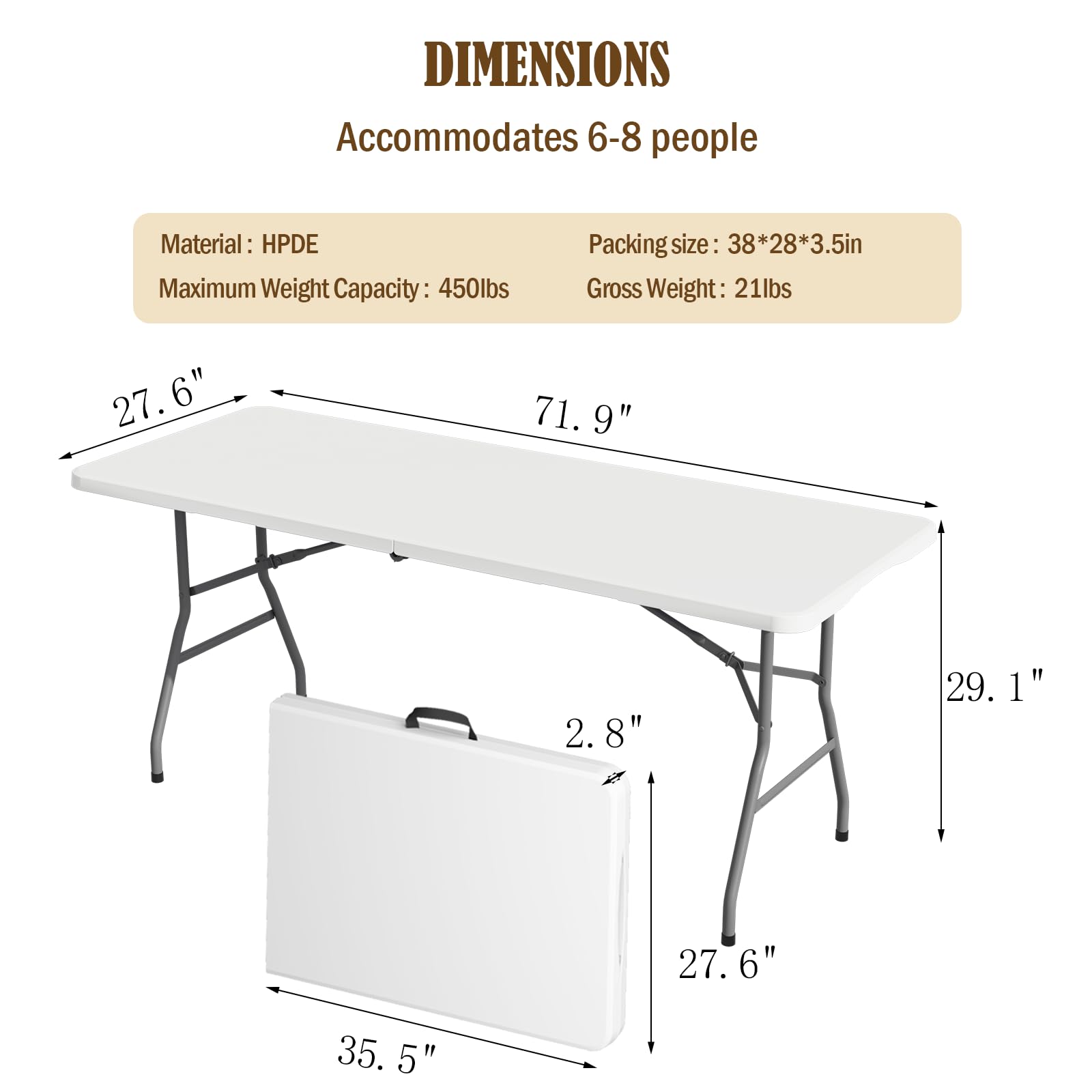 Mesa de picnic plegable de 6 pies para exteriores, portátil, mesa plegable para camping, fiestas, con asa de transporte (blanco, 1 unidad)