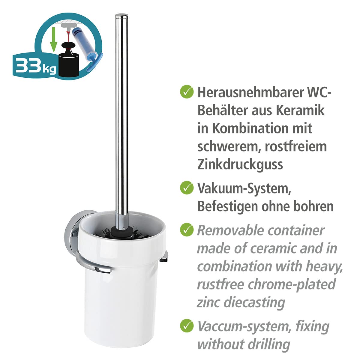 WENKO Vacuum-Loc® zestaw do WC Capri - uchwyt na szczotkę do WC, mocowanie bez wiercenia, cynkowy odlew ciśnieniowy, 11 x 37 x 14,5 cm, chrom