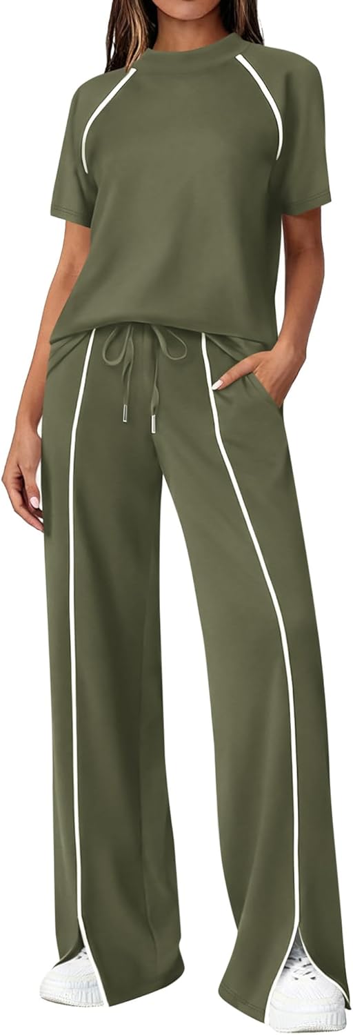 BTFBM Casual Two Piece Sets For Women Summer Outfits Solid Matching Sweatsuit Lounge Set Wide Leg Pants Workout