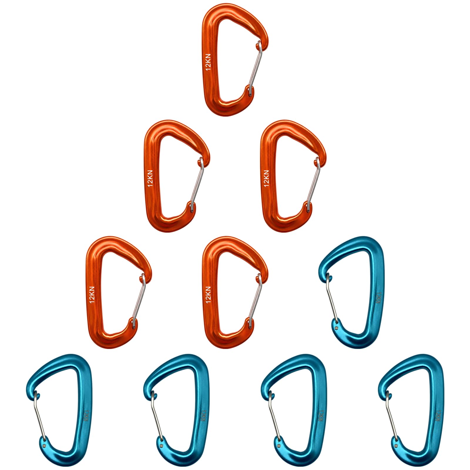 Lot de 10 mousquetons à Doigt Fil, Mousqueton en D 12KN en Aluminium aéronautique 7075, Clip léger Professionnel pour hamacs, randonnée, Camping et Usage extérieur, Bleu et Orange