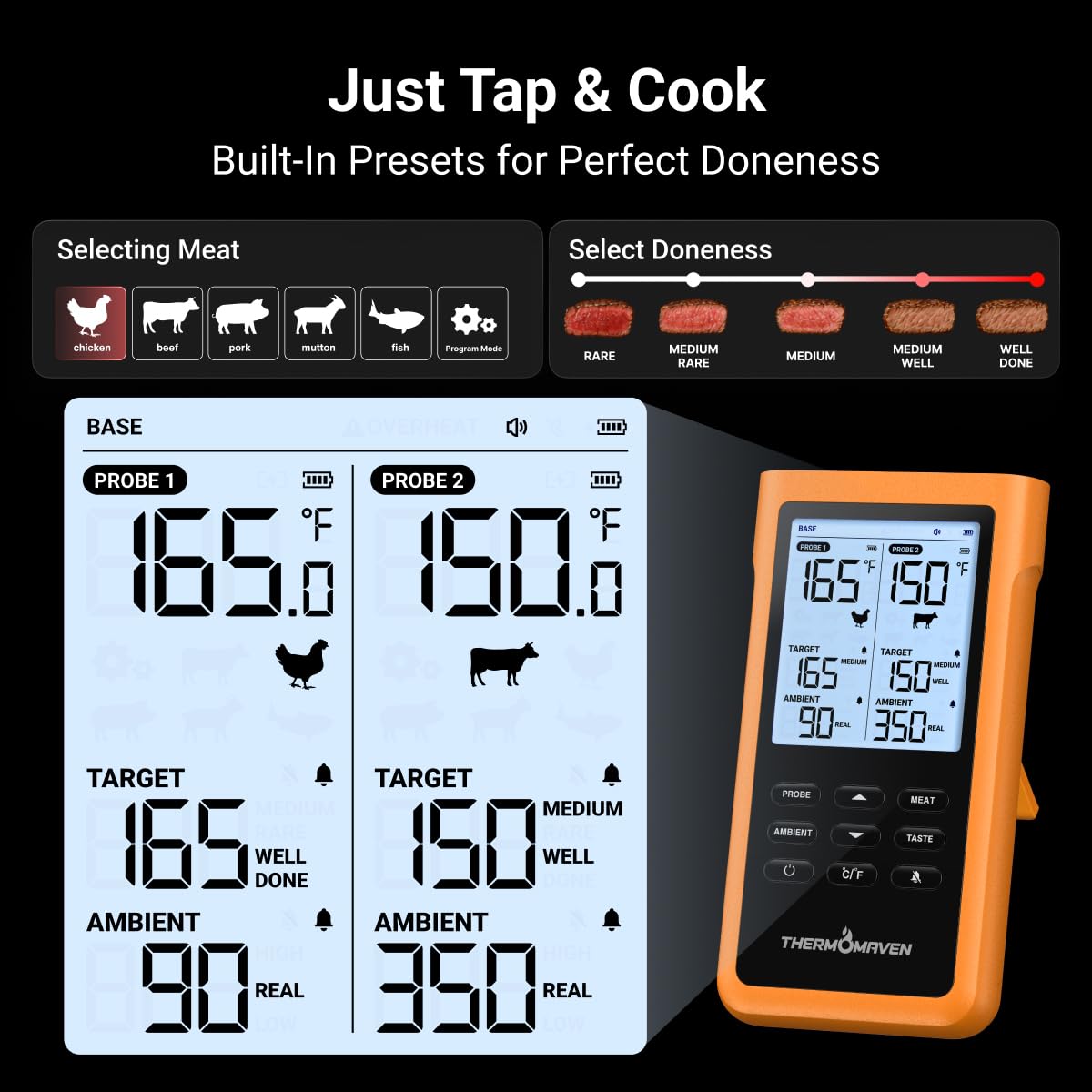 ThermoMaven Termometro intelligente wireless per carne, sub-1G, lungo raggio, 6 sensori (NIST preciso), 2 sonde sottili, stazione base con LCD, per barbecue, forno, affumicatore (arancione)