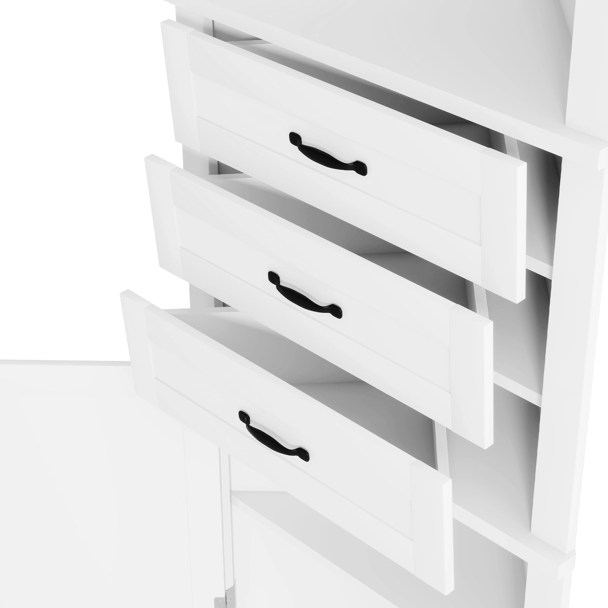 Armario esquinero para baño, 57,7 × 46 × 167,5 cm, dos estantes abiertos, tres cajones, color blanco, estantes ajustables, asas negras