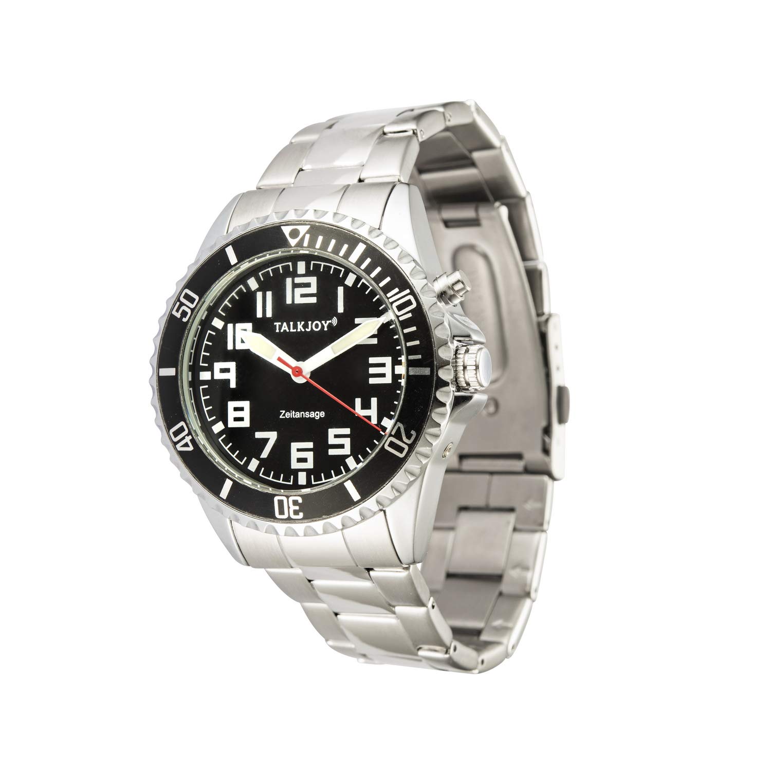 Profi Herren Sprechende Armbanduhr Z-Armband Uhr Blindenuhr SCHWARZES ZIFFERNBLATT und Bügelverschluss für Blinde oder Senioren geeignet