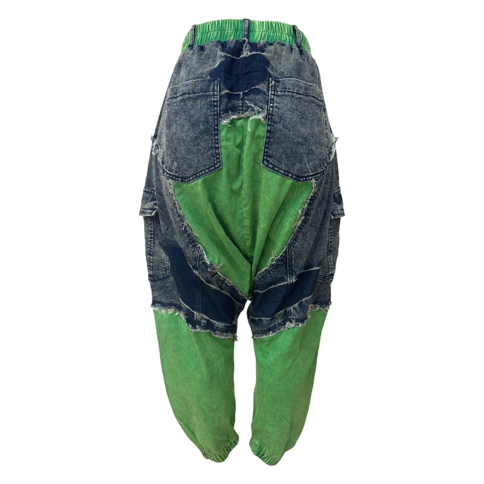 Pantalones harén hip hop para mujer, pantalones de patchwork, pantalones bombachos, pantalones de Aladino, pierna ancha, hippie, pantalones de mezclilla, pantalones informales, pantalones Goa con