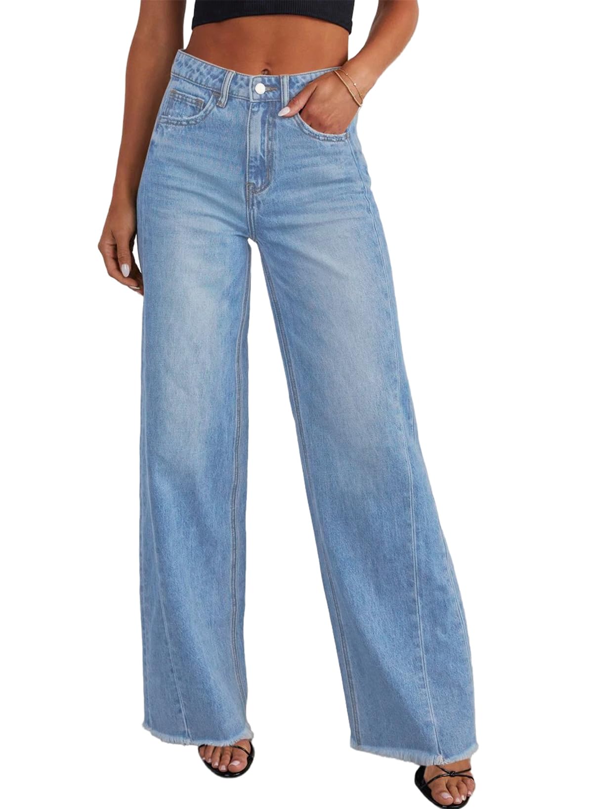 SIDEFEEL Women's Wide Leg Jeans High Waisted Strechy Raw Hem Denim Pants