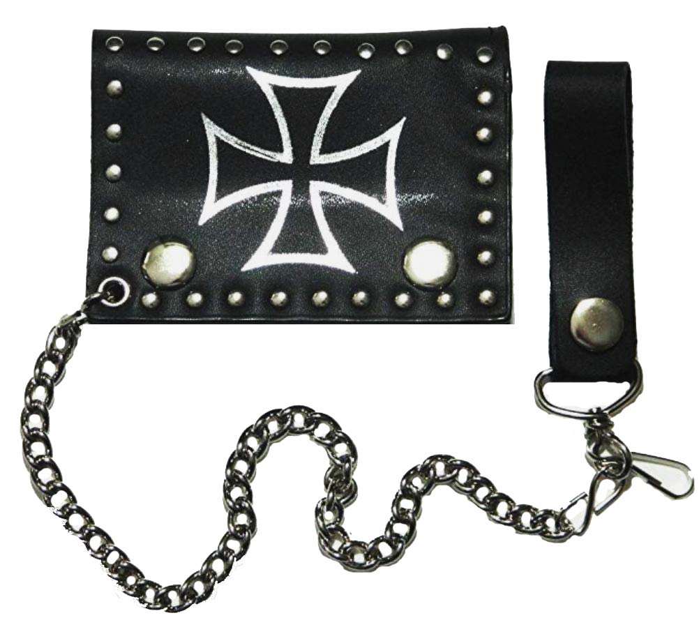 Choppers Cross Maltese Cross Biker Chain Leather Wallet Tri Fold