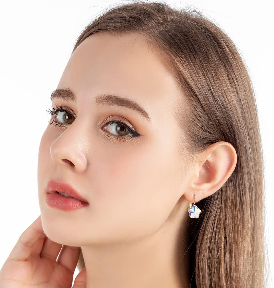 Austrian Crystal Flower Leverback Drop Earrings for Women 14K Rose Gold Plated Hypoallergenic Jewelry - Image 2