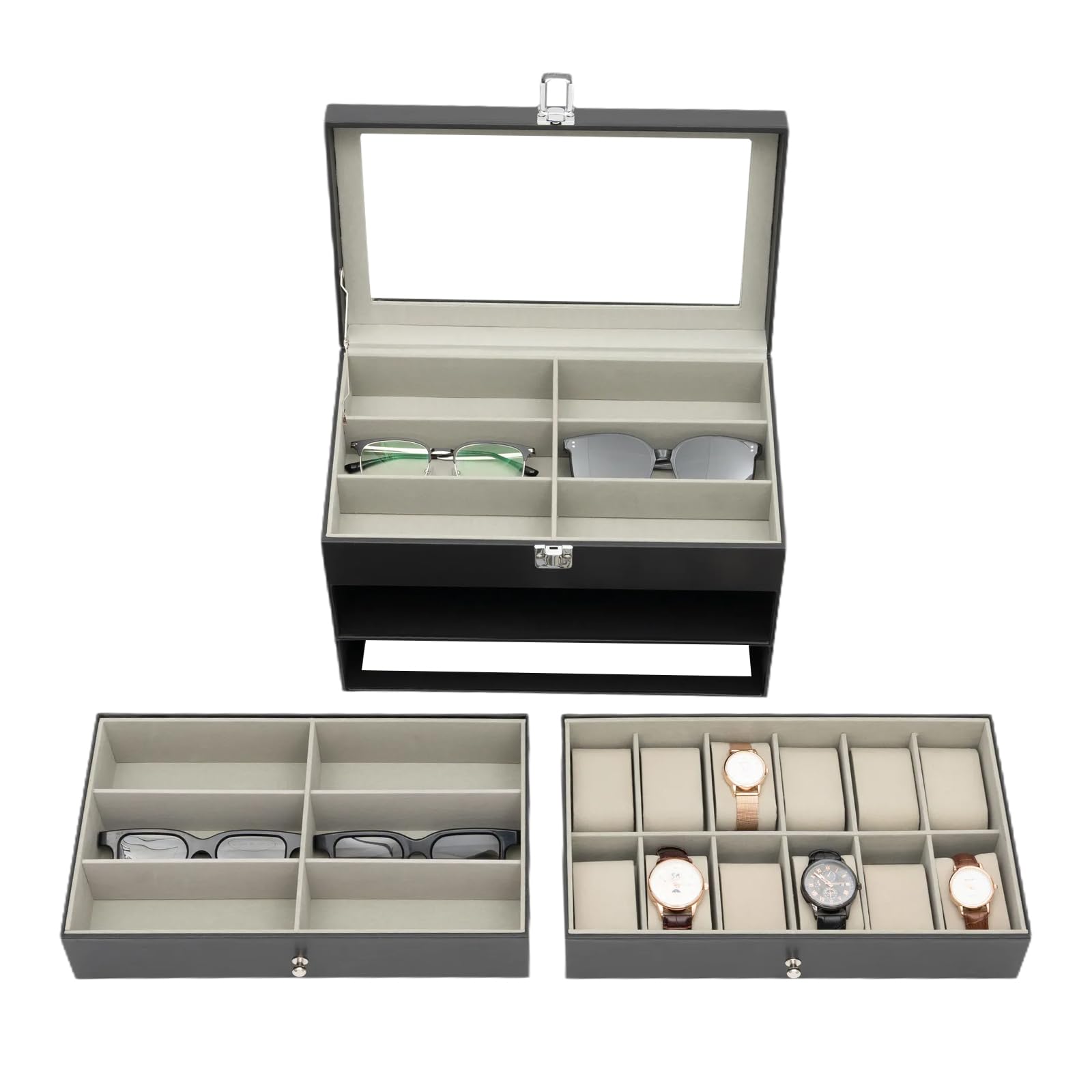 Uhrenbox, Display Uhren- und Sonnenbrillen-Schmuckbox, 12 Uhrenbox-Schmucketui und 12 Slots Sonnenbrillen-Organizer, Brillenetui Uhren- und Sonnenbrillen-Box für Herren Damen